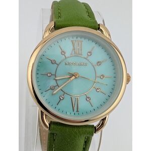 Kessaris Watch Women‎ 35mm Gold Case Green MOP Dial Green Band- New Battery